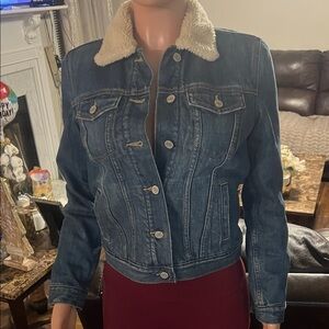 GAP Blue Denim Jacket with Cream Sherpa Collar